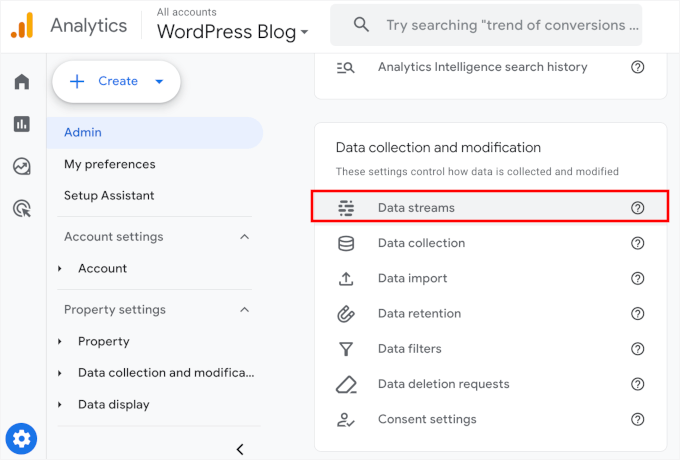The Data Streams menu