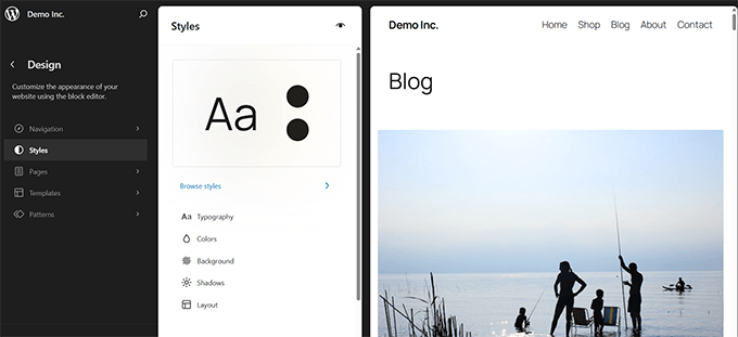 エディターサイドバーのグローバルスタイルパネル