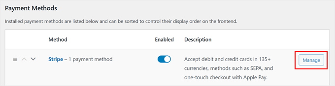Gestion des méthodes de paiement Stripe