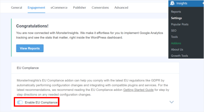 Activarea conformității UE în MonsterInsights