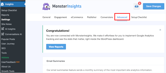 The Advanced tab in MonsterInsights The Advanced tab in MonsterInsights