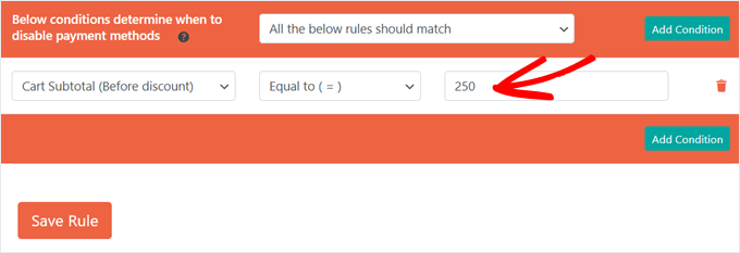 Choisir un montant pour la règle du sous-total du panier afin de désactiver les méthodes de paiement dans WooCommerce