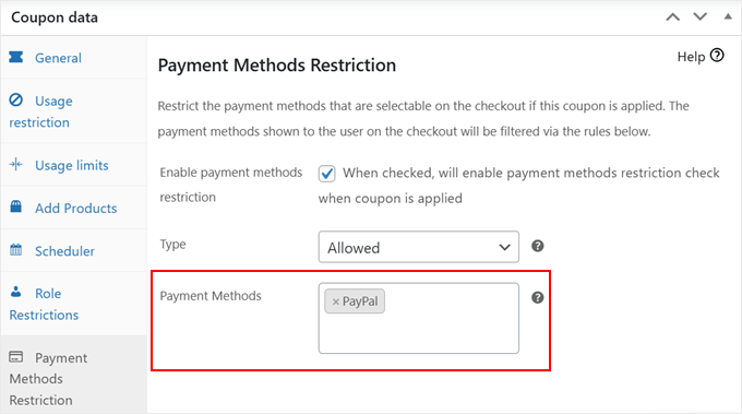 Restriction du coupon Advanced Coupons à PayPal