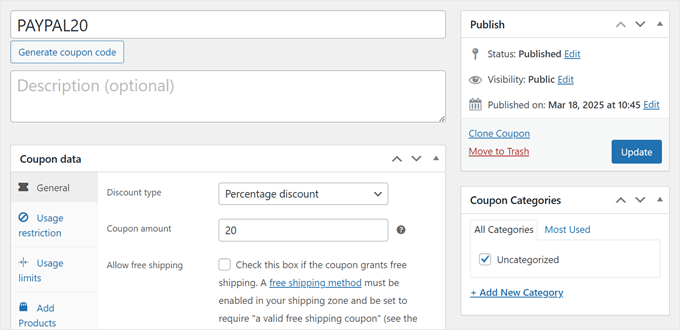 Création d'un code de coupon spécifique à PayPal dans Advanced Coupons