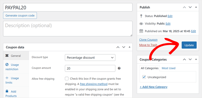 Enregistrement des modifications apportées au coupon Advanced Coupons