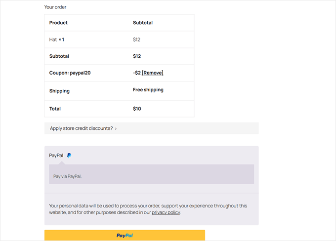 Application du coupon Advanced Coupons spécifique à PayPal