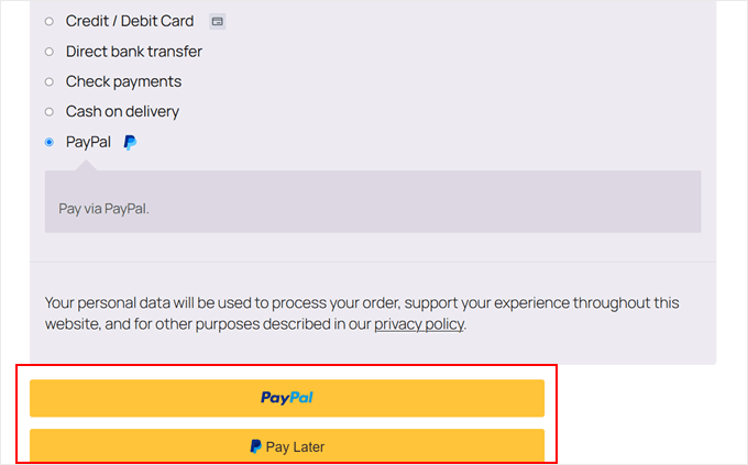 Suppression de la méthode de paiement alternative par carte de crédit et de débit de PayPal dans WooCommerce