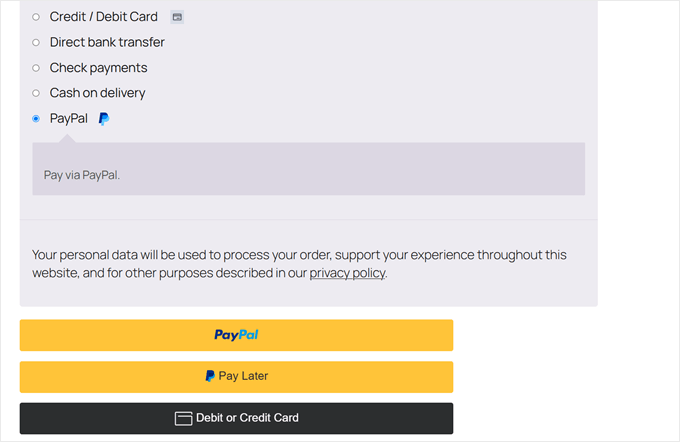 Options de paiement PayPal