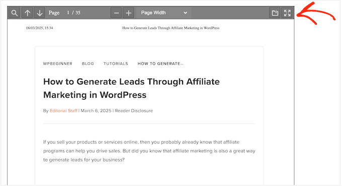 Navigation dans un PDF intégré sur un site WordPress
