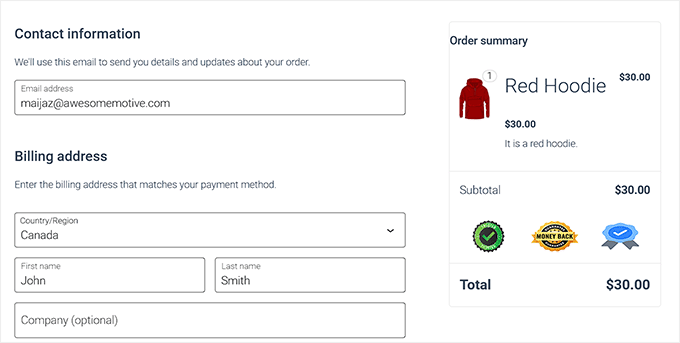 WooCommerce'de güven rozetlerinin önizlemesi
