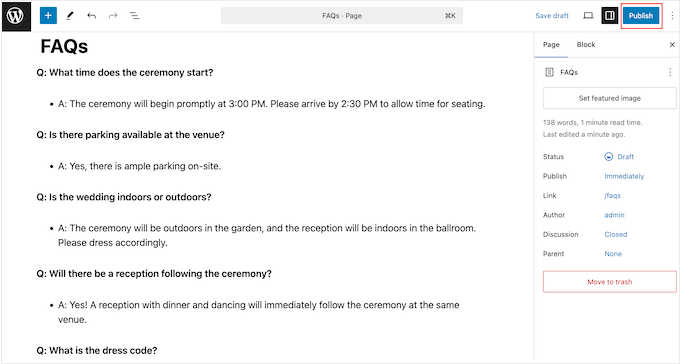 Publishing pages on your WordPress wedding website