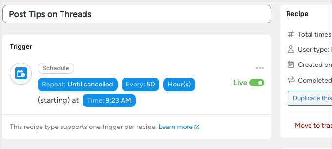 Recipe trigger for recurring posts to Threads on Uncanny Recipe trigger for recurring posts to Threads on Uncanny