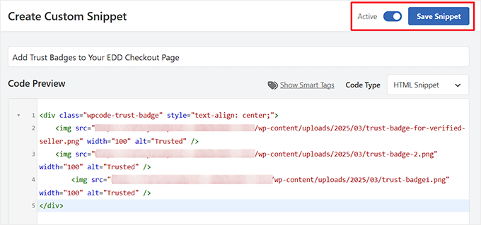 EDD güven rozetleri kod parçacığınızı kaydedin