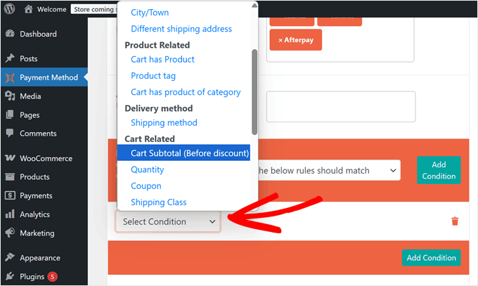 Choisir une condition pour désactiver la méthode de paiement