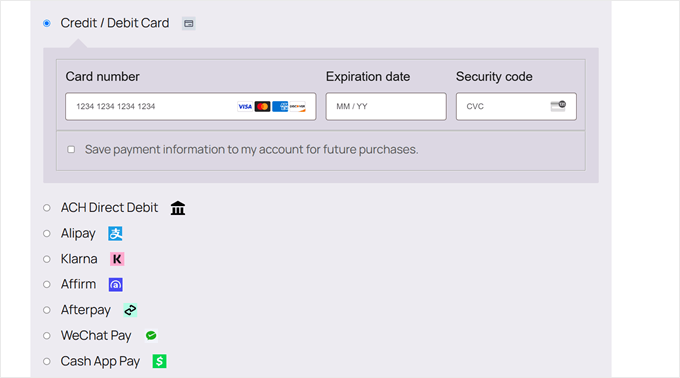 Options de paiement Stripe de WooCommerce
