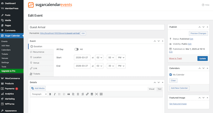 Adding a schedule to your wedding website using Sugar Calendar