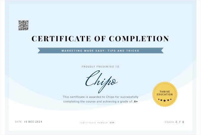 Thrive Apprentice's certificate with grading Thrive Apprentice's certificate with grading