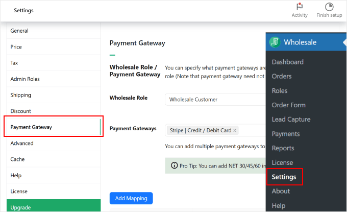 Modification des paramètres de passerelle de paiement de Wholesale Suite