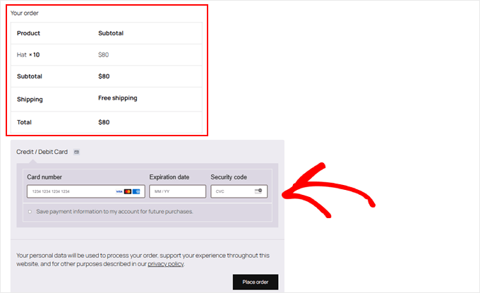 À quoi ressemble la page de paiement pour un client de gros lorsque seules les cartes de débit et de crédit sont activées