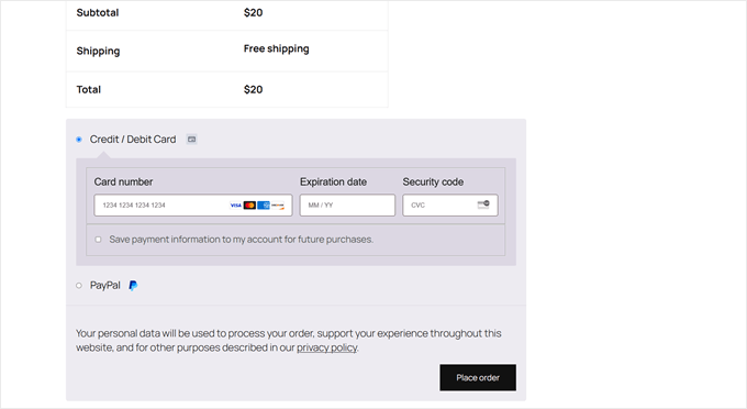 À quoi ressemble la page de paiement WooCommerce après la désactivation de certaines options de paiement