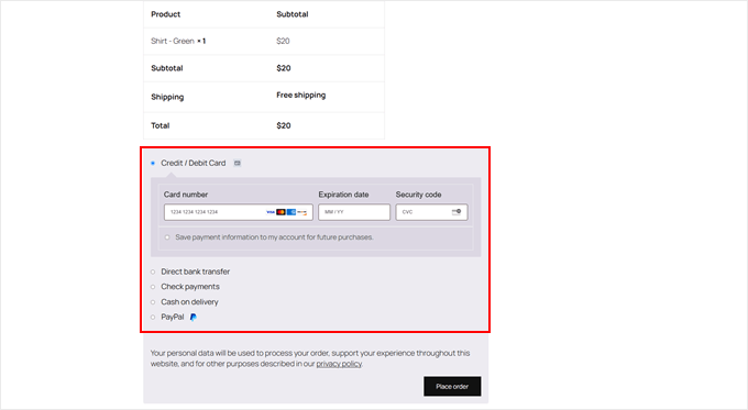 Méthodes de paiement actives dans le paiement WooCommerce