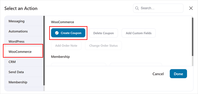 Choosing to create a coupon as an action in the FunnelKit automation workflow