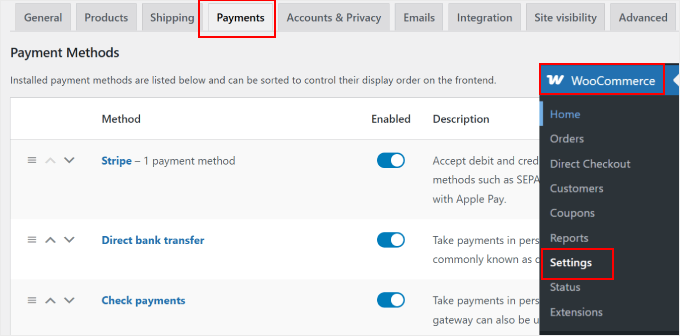 Configuration des paramètres de paiement WooCommerce