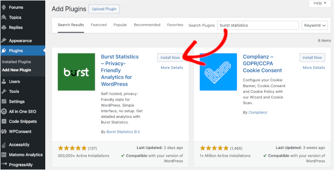 Butonul Instalează acum pentru Burst Statistics