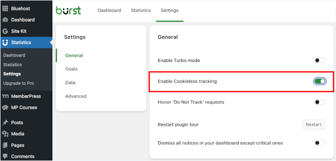 Activați urmărirea fără cookie-uri a Burst Statistics
