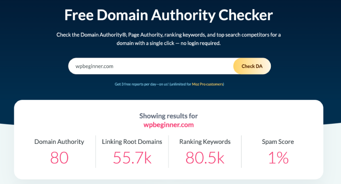 WPBeginner results on Moz Domain Authority Checker