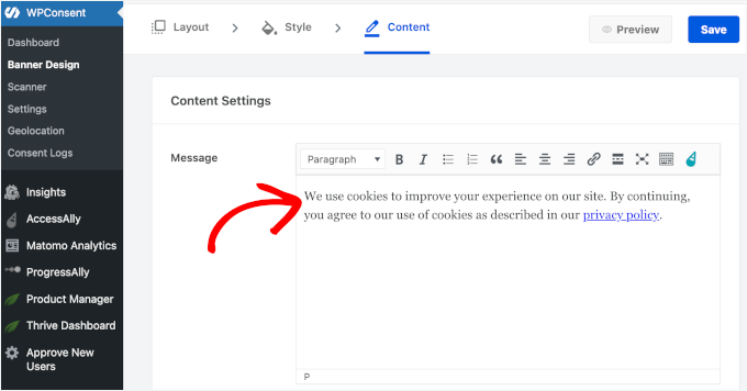 Editarea mesajului WPConsent pentru a include un link către pagina Politica de confidențialitate