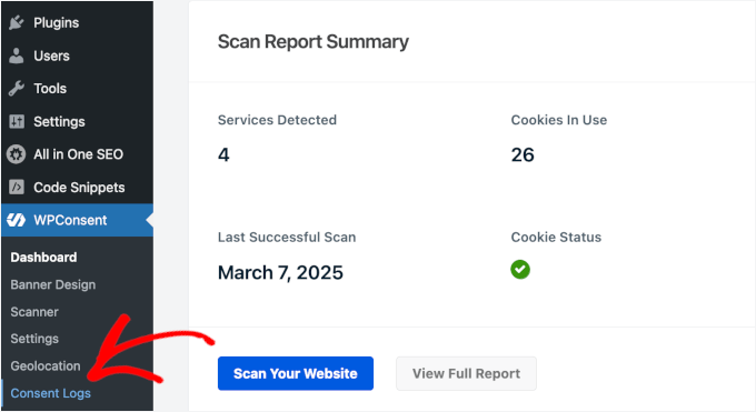 Element de meniu Consimțământ în WPConsent