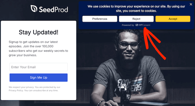 An example of a branded cookie compliance management WordPress banner