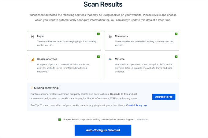 Rezultatele scanării WPConsent