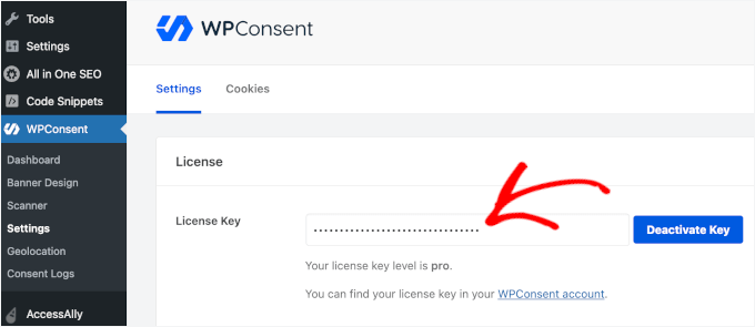 Activarea cheii de licență WPConsent