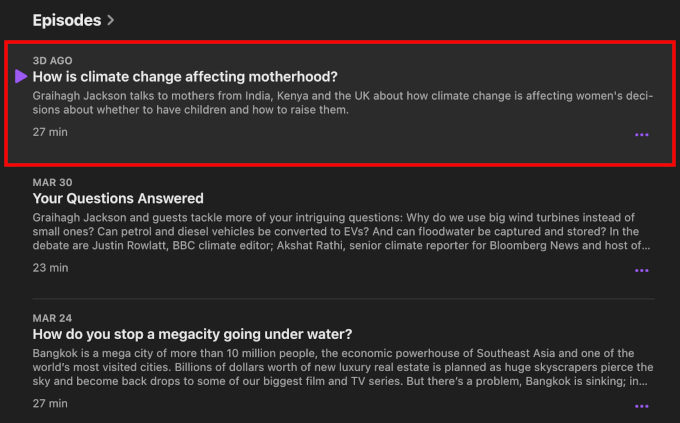 Clicking on an episode to go to its page