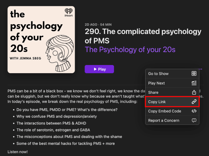 Copy Link from an individual episode page