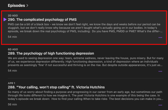 Clicking on an episode to see its individual page