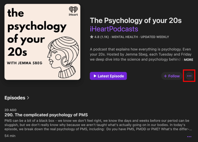 Finding the three-dot button for an Apple Podcasts show