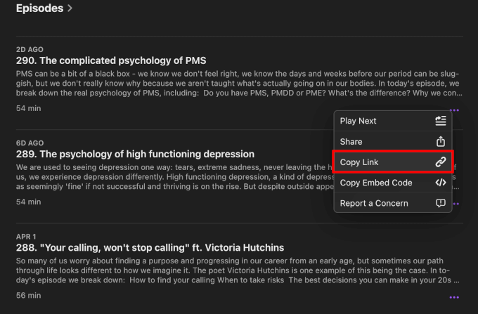 Copy Link to an episode