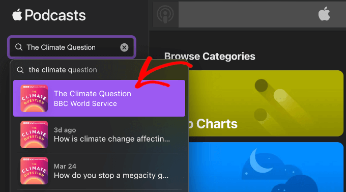 Clicking on Apple Podcasts search result to go to the show page