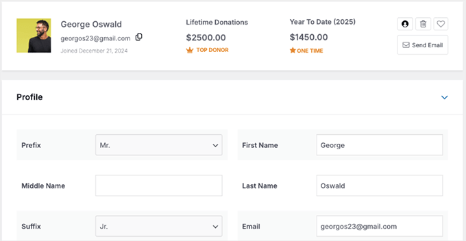 Charitable donor dashboard
