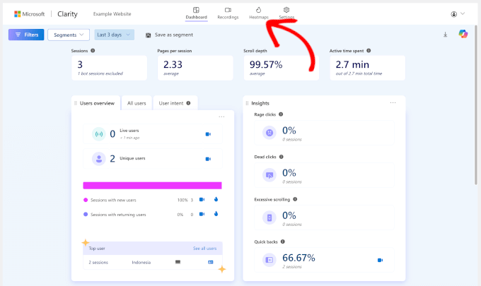 Switching to Clarity's Heatmaps tab