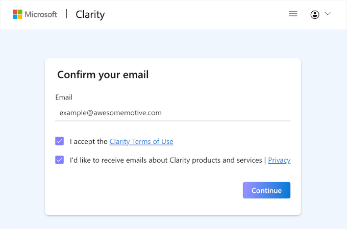Confirming email in Clarity
