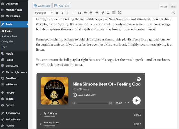クラシックエディターで Spotify を埋め込む