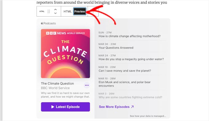 Previewing the embedded code