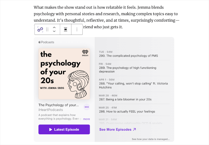 Apple Podcasts preview in the content editor