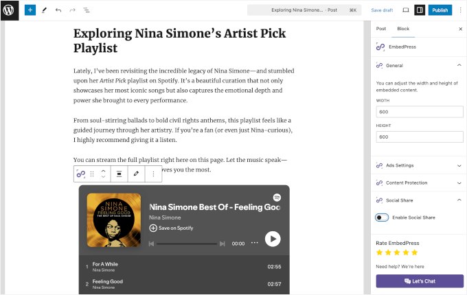 エディターに埋め込まれたSpotify