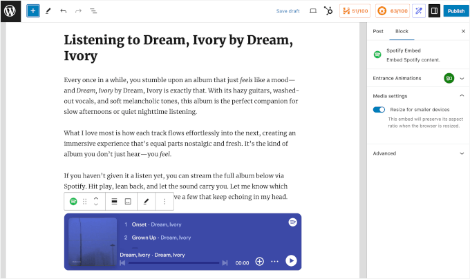 Spotify埋め込みブロック