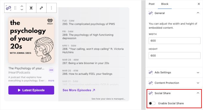 Social Share toggle in EmbedPress' block setting